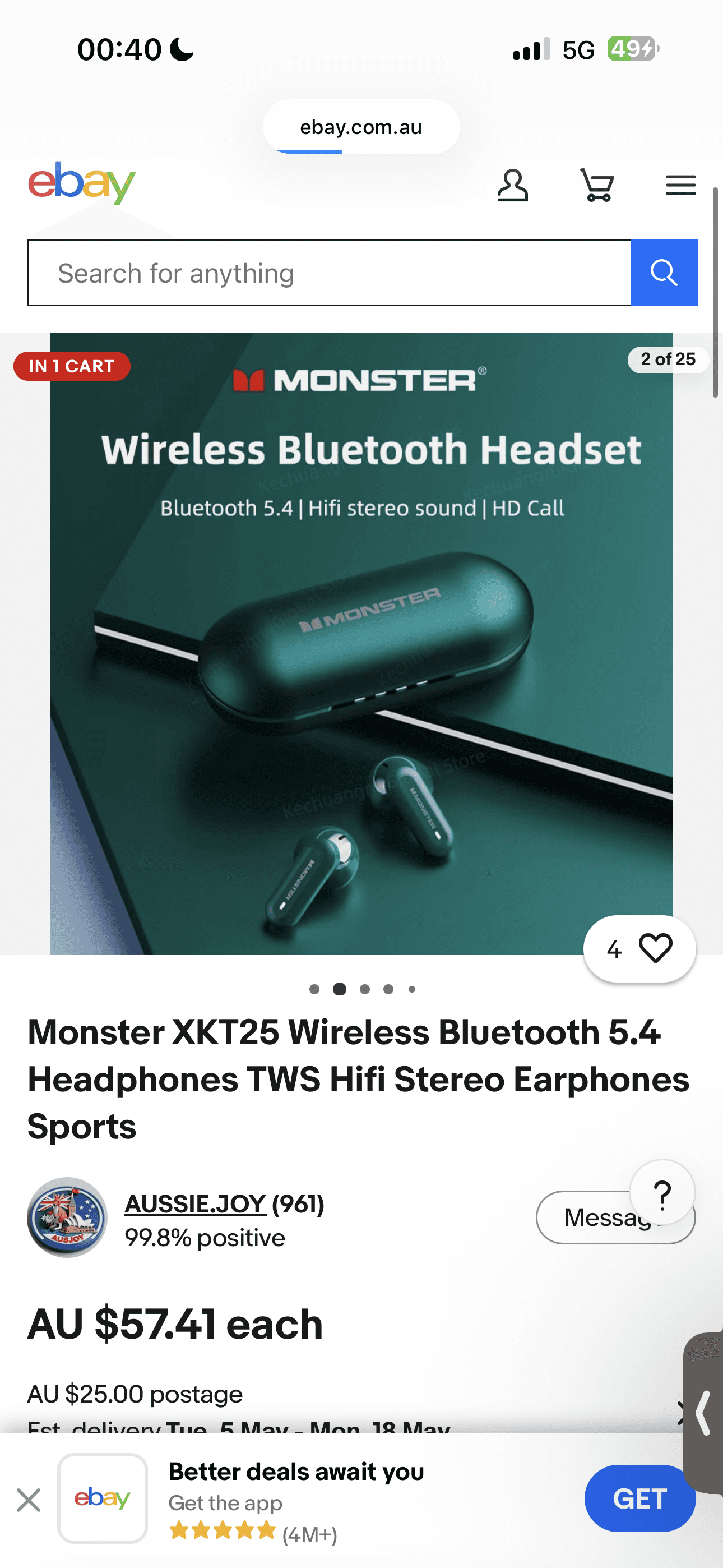 Tai nghe Monster Airmars XKT25, Bluetooth 5.4, công thái học, độ trễ thấp ( random màu)