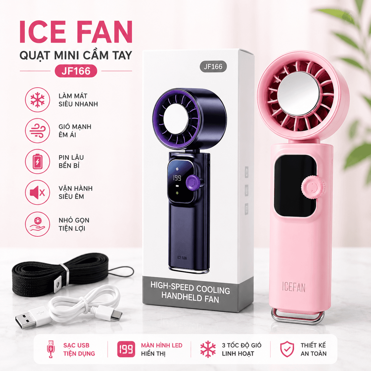 Quạt cầm tay sò lạnh JF166 (Bản Ice Engine - Màn hình lớn) - Pin 4000