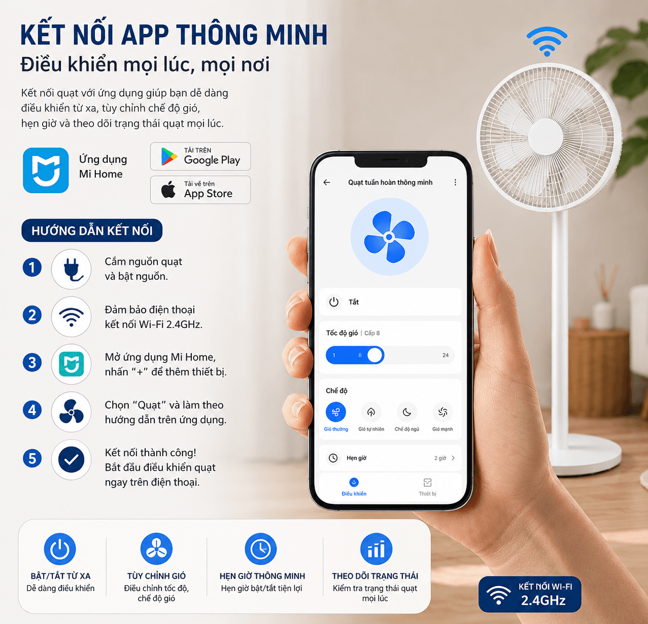 Quạt đứng thông minh Xiaomi JIPIN JP-F08-DXA, 7 cánh gió, vận hành êm, Kết Nối App Mi Home
