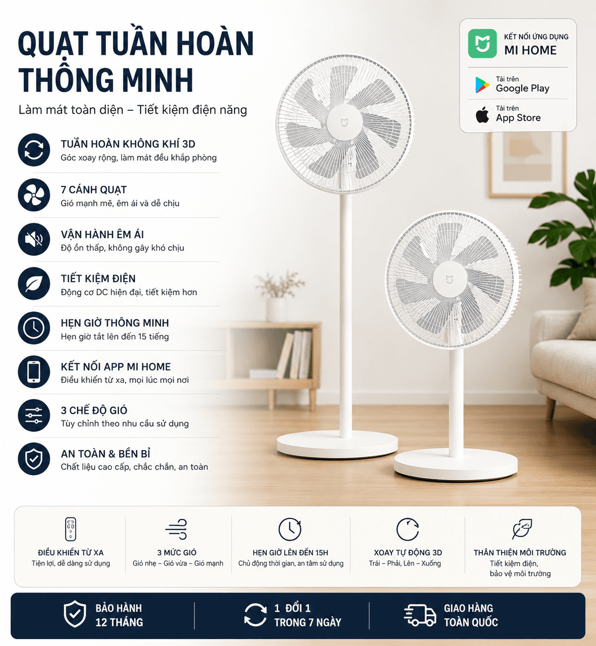 Quạt đứng thông minh Xiaomi JIPIN JP-F08-DXA, 7 cánh gió, vận hành êm, Kết Nối App Mi Home