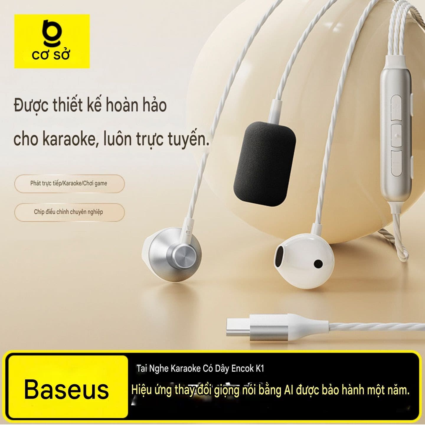 Tai Nghe Dây Type C BASEUS ANCOK - K1, Dùng Được lp 17, Mic Thu Âm Chuyên Nghiệp Hát Karaoke Online