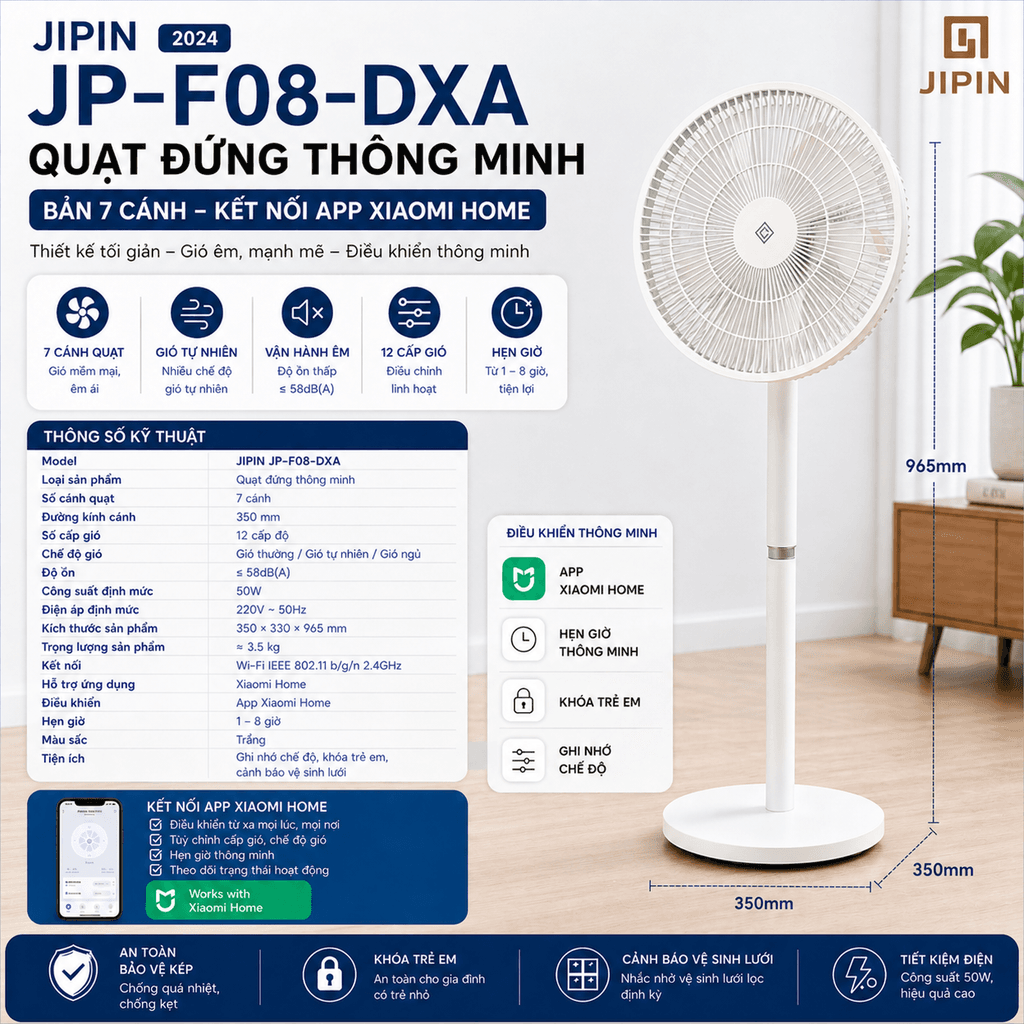 Quạt đứng thông minh Xiaomi JIPIN JP-F08-DXA, 7 cánh gió, vận hành êm, Kết Nối App Mi Home