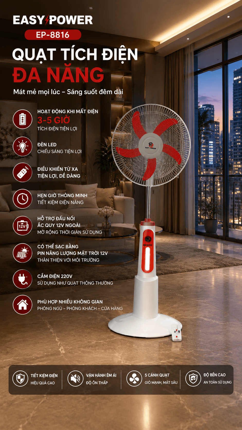 Quạt Tích Điện EASY POWER EP-8816 Có Đèn LED, Điều Khiển Từ Xa, Dùng Khi Mất Điện 3-5 Giờ