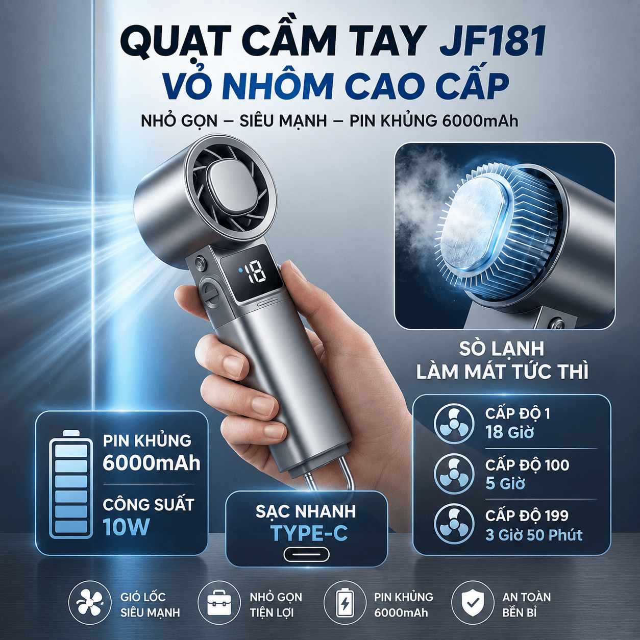 Quạt Mini Cầm Tay JF181 Hợp Kim Nhôm Tích Hợp Sò Lạnh 199 Mức Gió Pin Khủng 6000mAh Sạc Type C Siêu Mát