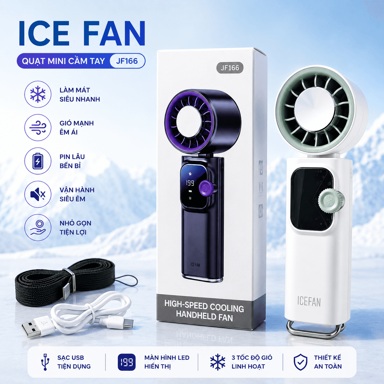 Quạt cầm tay sò lạnh JF166 (Bản Ice Engine - Màn hình lớn) - Pin 4000