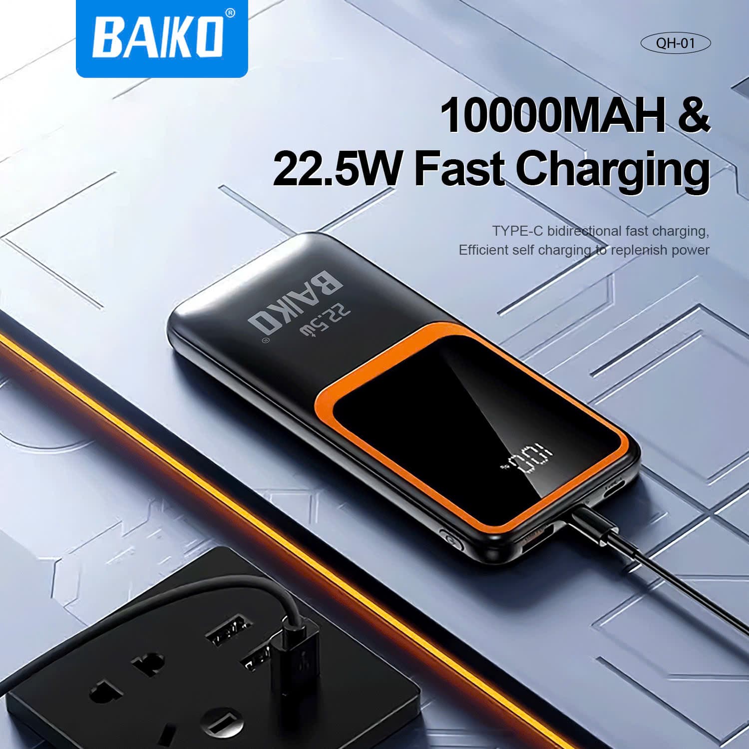 Sạc Dự Phòng Baiko QH-01 10000mAh – Tích Hợp Sẵn Cáp Type-C Và Lightning, Sạc Nhanh Tiện Lợi
