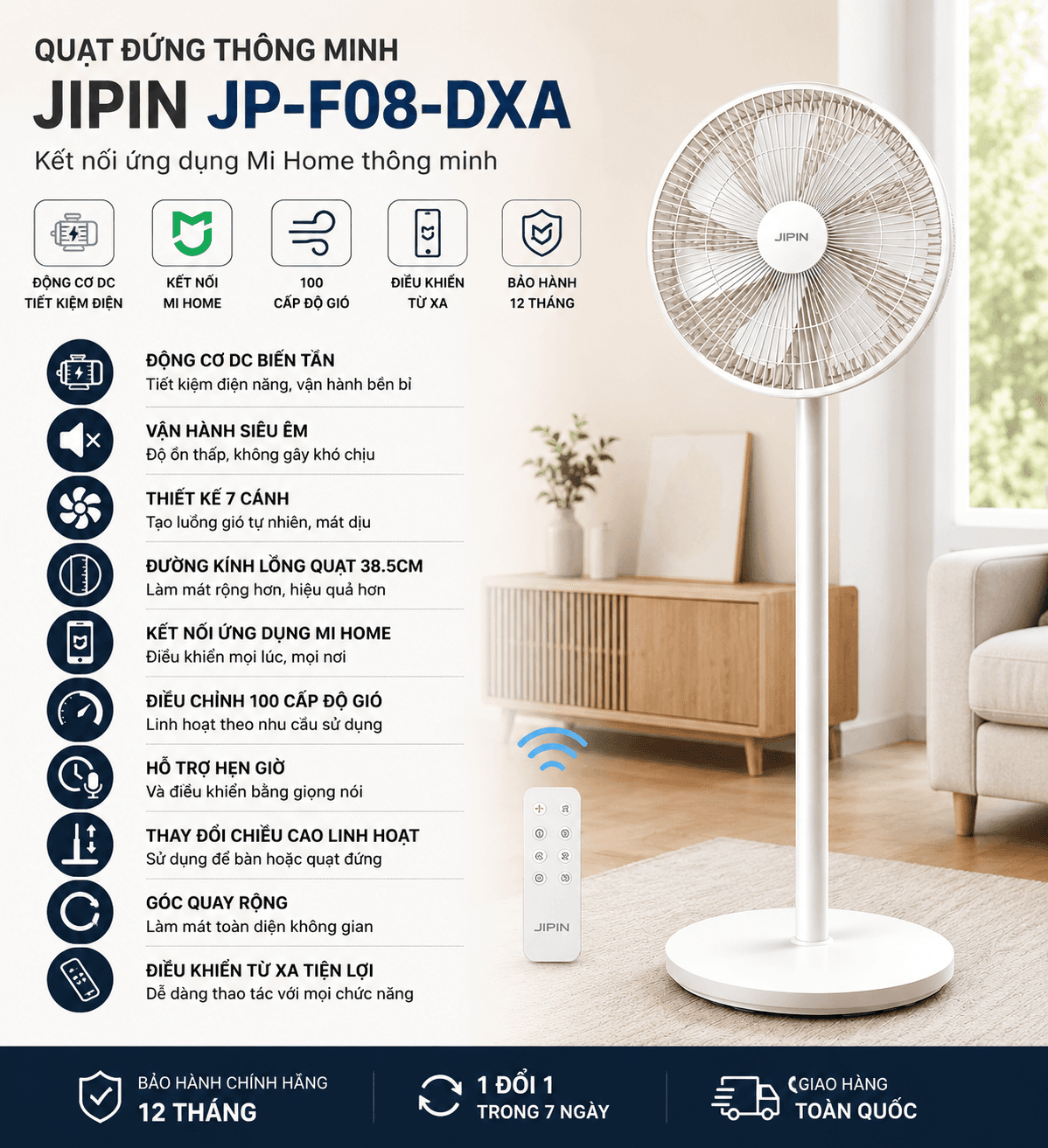 Quạt đứng thông minh Xiaomi JIPIN JP-F08-DXA, 7 cánh gió, vận hành êm, Kết Nối App Mi Home