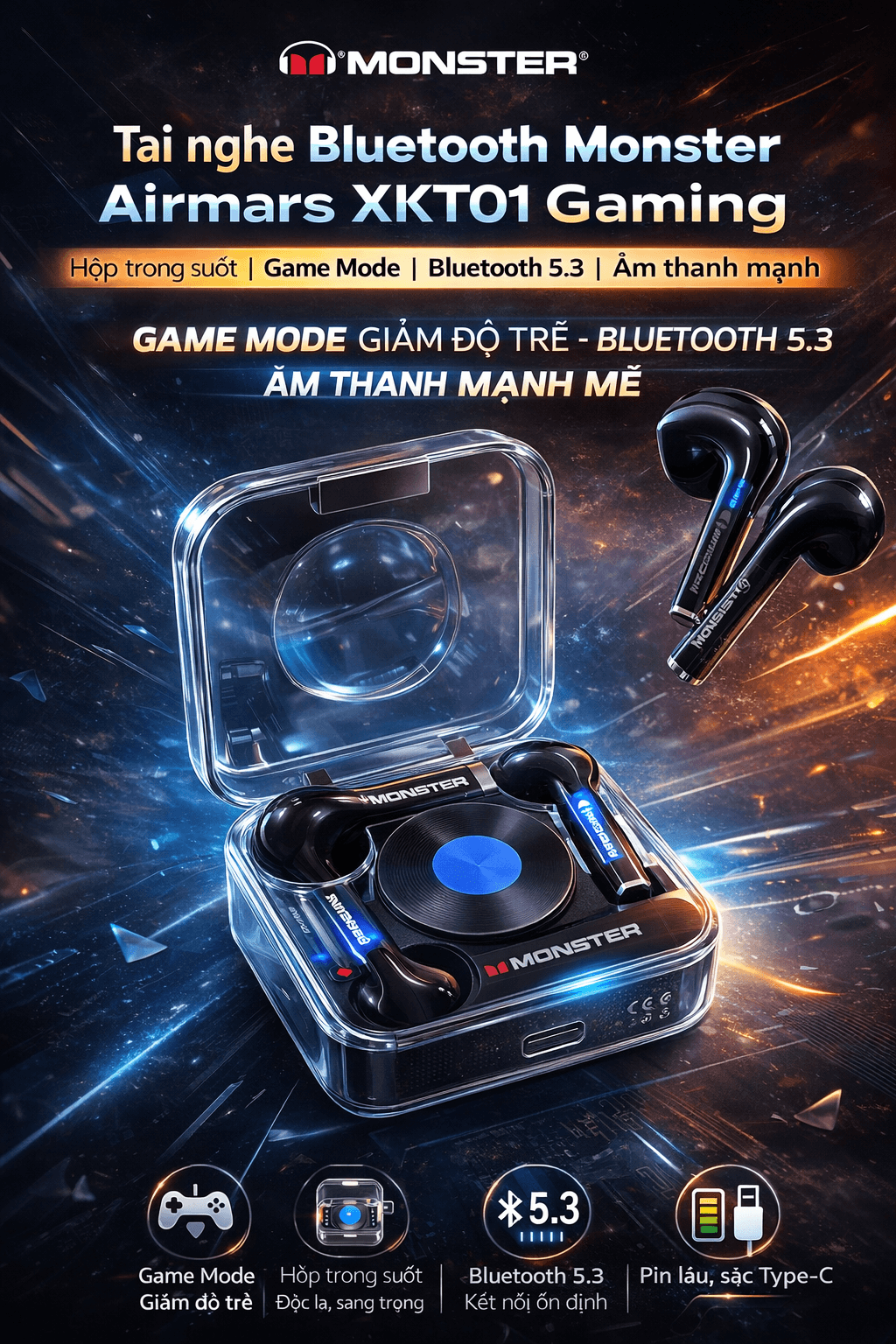 Tai Nghe Bluetooth Monster Airmars XKT01 Gaming Bluetooth 5.3 Hộp Trong Suốt Game Mode