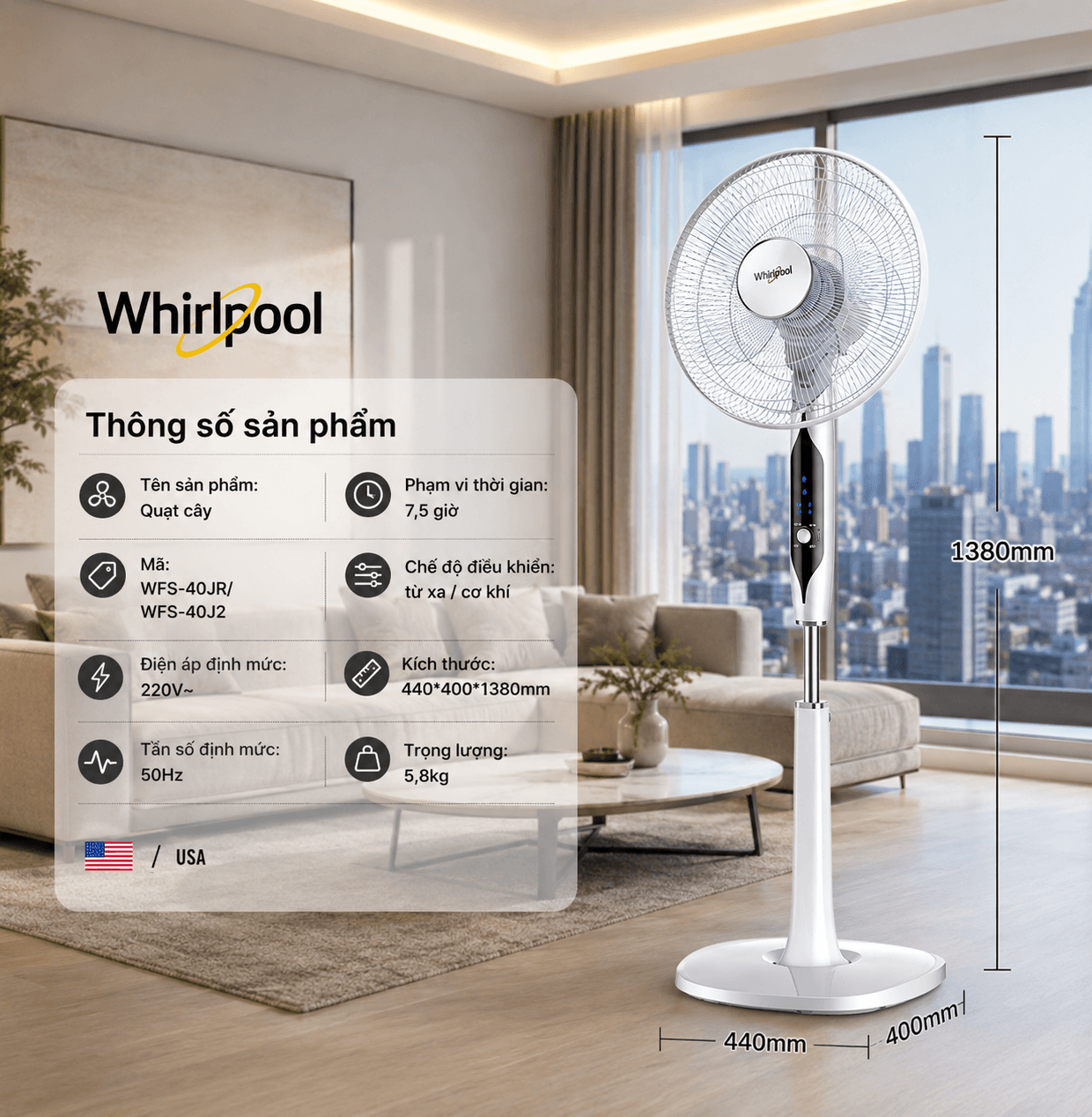 QUẠT ĐỨNG CÓ REMOTE tự thay đổi tốc độ WHIRLPOOL WFS-40JR CAO CẤP ĐẸP MẮT thương hiệu Mỹ