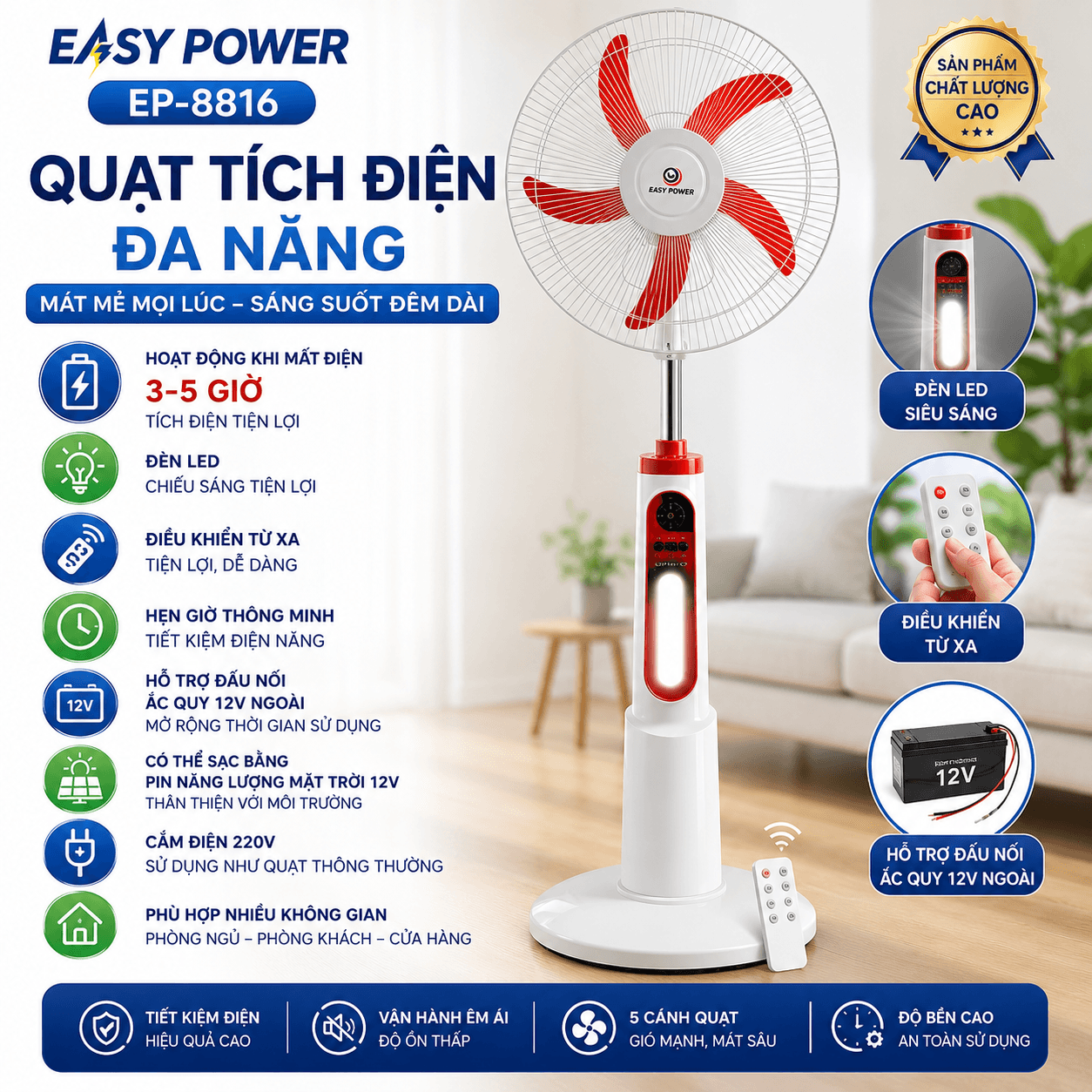 Quạt Tích Điện EASY POWER EP-8816 Có Đèn LED, Điều Khiển Từ Xa, Dùng Khi Mất Điện 3-5 Giờ