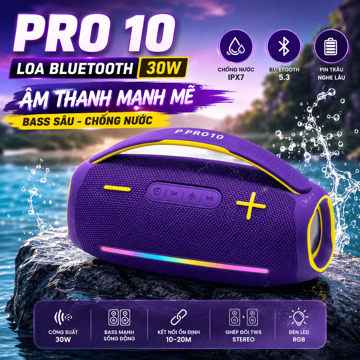 Loa Bluetooth Pro 10 Thiết Kế Đẹp, Âm Thanh Sống Động, Công Suất 30W Thiết Kế Hợp Để Mang Đi Du Lịch