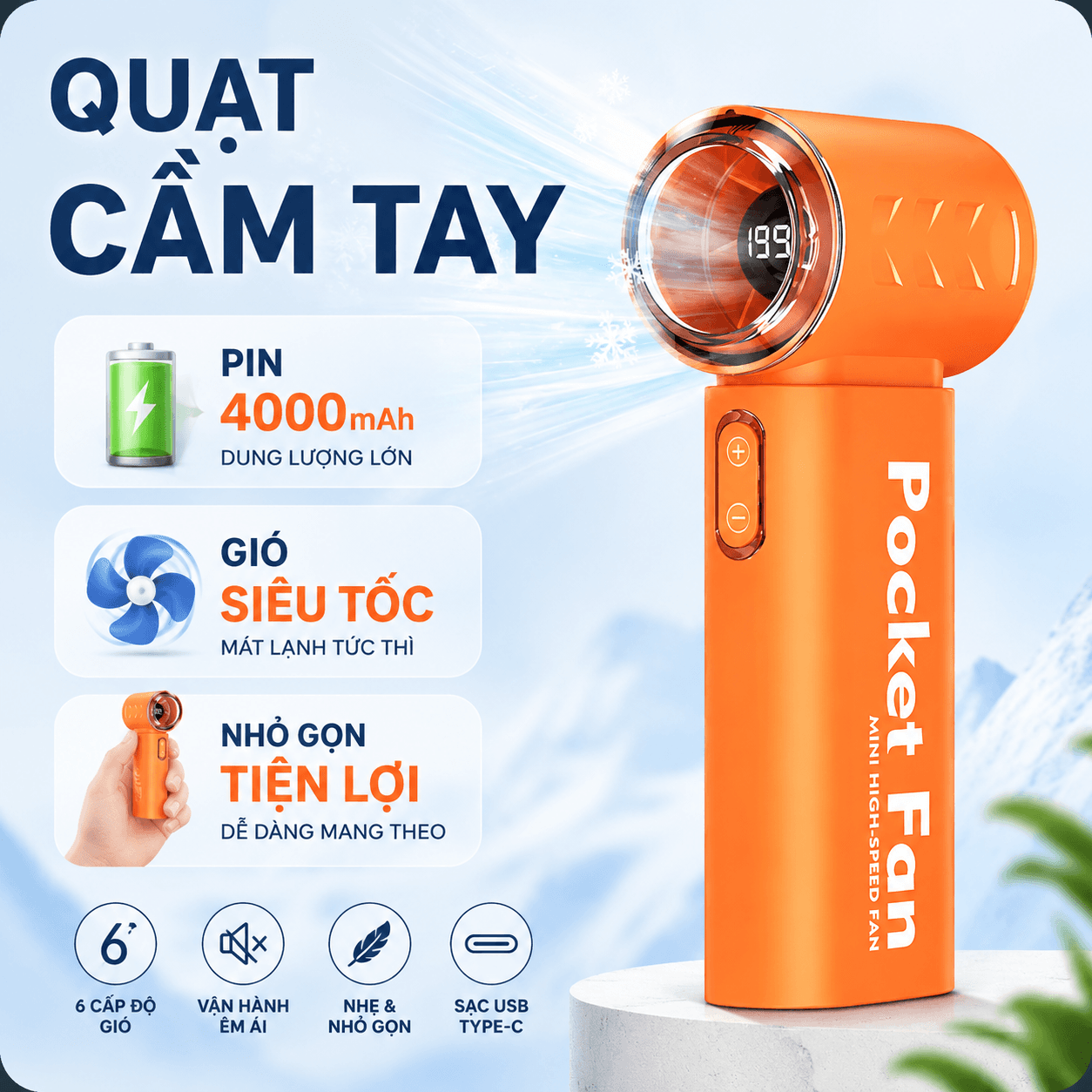 Quạt Turbo Cầm Tay T316 Gió Lốc Siêu Mạnh, Pin 4000mAh Dùng Cả Ngày, Mini Nhỏ Gọn Tiện Lợi