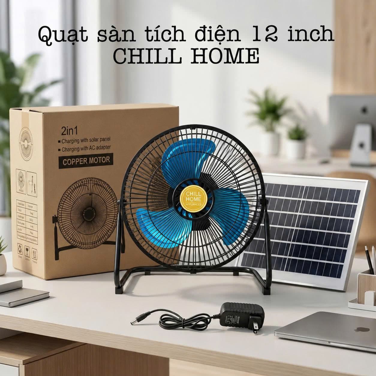 Quạt sàn tích điện CHILL HOME, pin 4800mAh, kèm panel NLMT, lồng & cánh kim loại