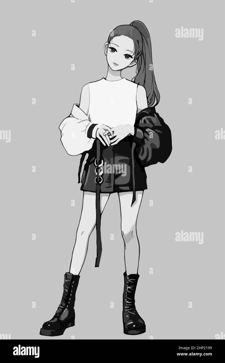 Cute anime girl with a ponytail. Illustration in gray tones ...