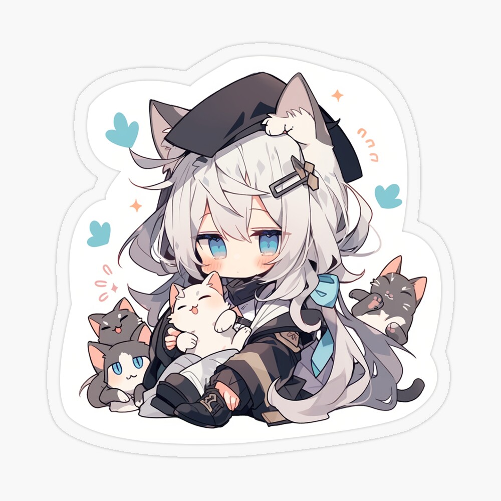 Cute Chibi Anime Cat Girl With Cats | Sticker